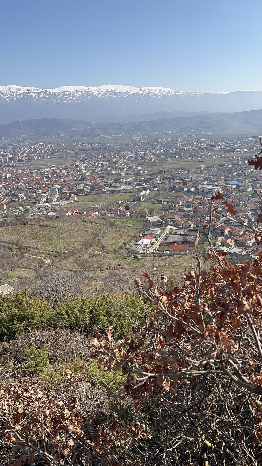 A view of villages and Mali i Thatë as the Kabash Trail rounds the mountain